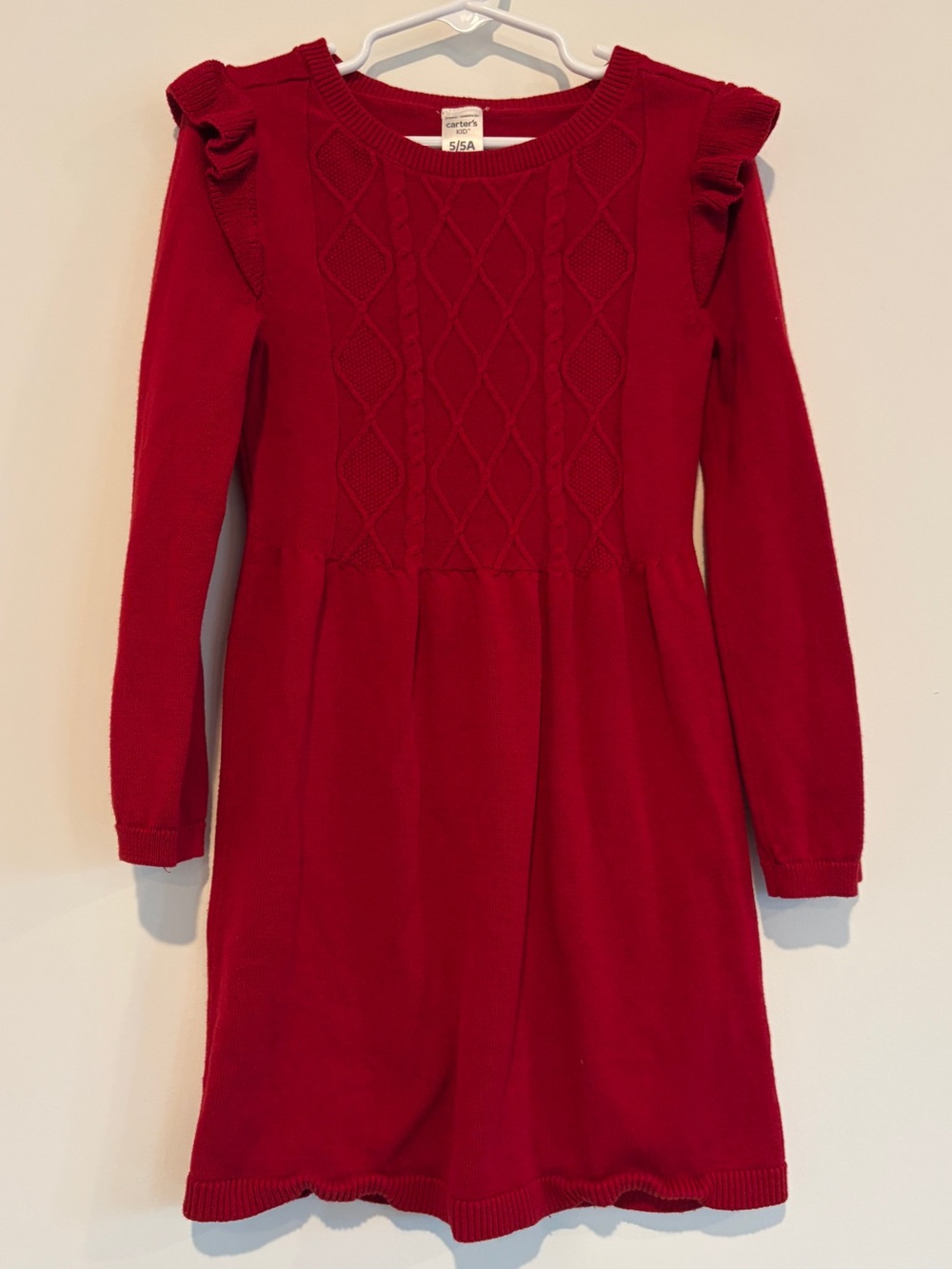 Carter's Size 5/5A Red 100% Cotton Cable Knit Ruffle Shoulder Long Sleeve Dress